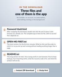 A digital download guide featuring three files: Password-Vault.html, OPEN-ME-FIRST.txt, and README.txt. The text explains that the app requires no installer, account, or subscription, and includes buttons for Instant ZIP download and Unzip first.