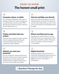 An informational graphic titled Good to Know, The honest small print. It features six white boxes with icons explaining technical requirements for digital files, including browser compatibility, mobile app needs, password recovery, and download details.