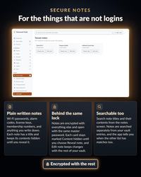 A digital interface for a secure notes feature within a password vault application. The screen displays categorized notes for Wi-Fi, passport details, and software keys, with options to reveal or edit content, plus explanatory text.
