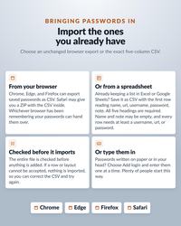An informational graphic titled BRINGING PASSWORDS IN, Import the ones you already have. It outlines four methods: From your browser, Or from a spreadsheet, Checked before it imports, and Or type them in, with Chrome, Edge, Firefox, and Safari icons.