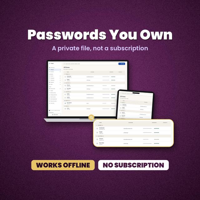 Password manager shown on a desktop monitor, tablet and phone against a purple background.