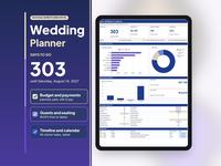 Wedding planner dashboard displayed on a tablet with a countdown and budget charts.