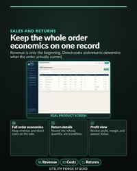 Offline Reseller Business Manager listing graphic: Sales And Returns, Keep the whole order economics on one record.