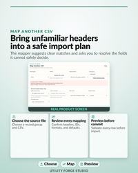 Offline Reseller Business Manager listing graphic: Map Another CSV, Bring unfamiliar headers into a safe import plan.