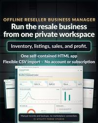 Offline Reseller Business Manager shown as the main digital product with its real dashboard and key included files.