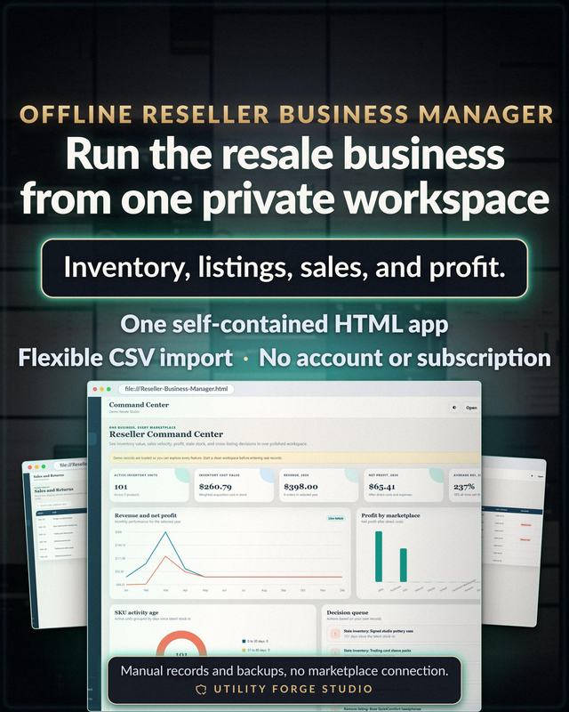 Offline Reseller Business Manager shown as the main digital product with its real dashboard and key included files.