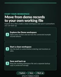 Offline Reseller Business Manager listing graphic: Start Your Workspace, Move from sample records to your own working file.