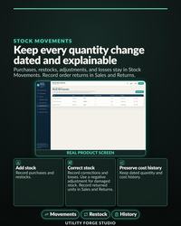 Offline Reseller Business Manager Stock Movements screen for dated purchases, restocks, adjustments, losses, and cost history.