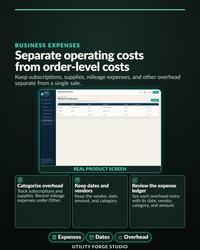 Offline Reseller Business Manager Business Expenses screen showing Shipping supplies, Software, and Storage expense rows with vendors, amounts, and record checks.