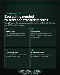 Offline Reseller Business Manager listing graphic: Your Download, Everything needed to start and transfer records.