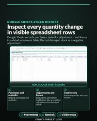 Google Sheets Stock Movements table showing dated purchases, restocks, adjustments, losses, quantities, and cost history.