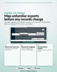 Offline app flexible CSV mapper showing source file selection, mapping controls, and required preview before import.