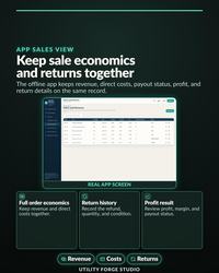 Offline reseller app Sales and Returns screen showing revenue, direct costs, payout status, profit, and returns together.