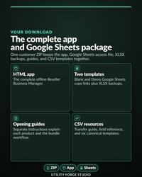 Reseller Business Manager Bundle listing graphic: Your Download, The complete app and Google Sheets package.
