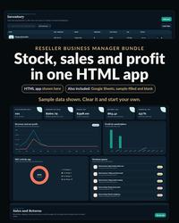Reseller Business Manager Bundle hero on a dark ground with the headline Stock, sales and profit in one HTML app, chips reading HTML app shown here and Also included: Google Sheets, sample-filled and blank, and the app dashboard with inventory KPI cards, a revenue and net profit chart, a Profit by marketplace bar chart, a stock age donut and a Decision queue panel, with the line Sample data shown. Clear it and start your own.