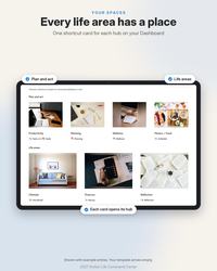 2027 Notion Life Planner: Every life area has a place. Dashboard shortcut cards open each hub: productivity, planning, wellness, fitness and food, household, money and reflection.