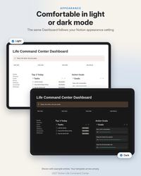 2027 Notion Life Planner: Comfortable in light or dark mode. The same Life Command Center Dashboard shown in Notion light and dark appearance.