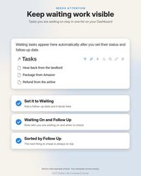 2027 Notion Life Planner: Keep waiting work visible. Tasks set to Waiting with a follow-up date appear in one list on the Dashboard, sorted by follow-up.