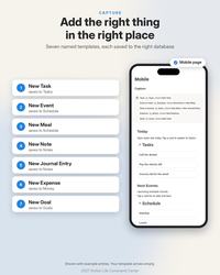 2027 Notion Life Planner: Add the right thing in the right place. Seven capture templates (task, event, meal, note, journal entry, expense, goal) shown beside the mobile page.