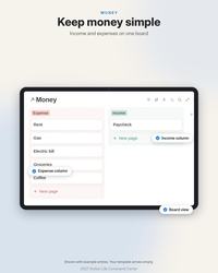 Real Notion money plan comparing planned and actual amounts with category, account, recurring status, date, and state.