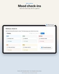 Real Notion wellness check-in showing mood, energy, sleep hours, water cups, and a symptoms note.