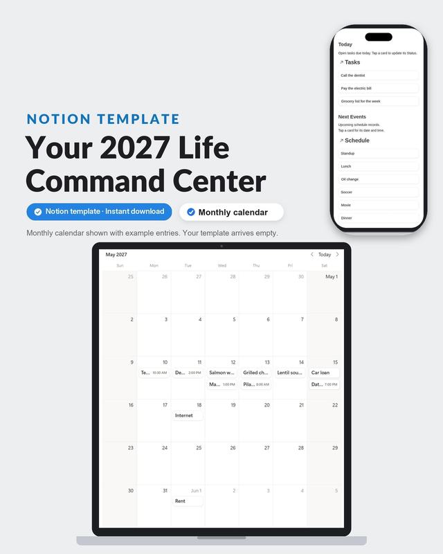 Notion Life Planner cover with a laptop showing the May 2027 calendar and a phone showing today’s tasks and schedule. The calendar contains example entries; the template arrives empty.