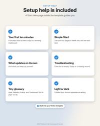 2027 Notion Life Planner: Setup help is included. Start Here covers your first ten minutes, a simple start, what updates on its own, troubleshooting, a tiny glossary and light or dark mode.