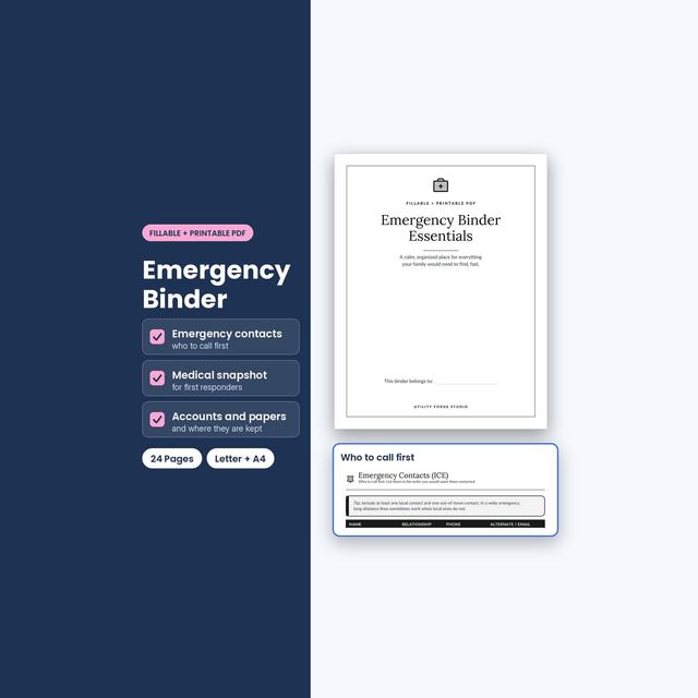 Emergency binder cover beside an emergency contacts form.