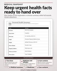 Filled sample personal health summary page in black and white with medicines, allergies, and care contacts.
