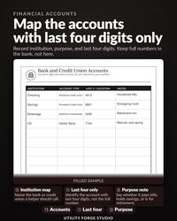 Filled sample bank accounts page showing last four digits only, with a FILLED SAMPLE caption.