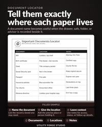 Filled sample important documents locator page in black and white with a FILLED SAMPLE caption.