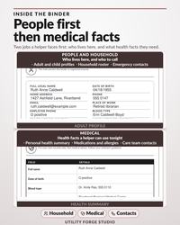 Two section maps: household profiles beside a filled adult page, then medical facts beside a health summary page.