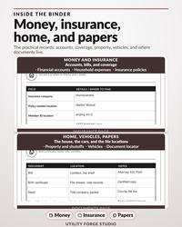 Two section maps: insurance beside a filled policy page, then home papers beside a document locator page.