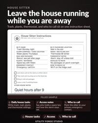 Filled sample house sitter instructions page in black and white with a FILLED SAMPLE caption.
