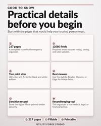 Six good-to-know cards on 217 pages, 12080 fields, two print sizes, Adobe Reader, privacy, and recordkeeping limits.