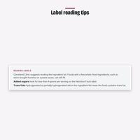Label reading tips box explaining what to look for on ingredient lists, added sugars and trans fats