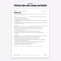 Kitchen tips page with tips on cooking oils, easy swaps and reading food labels