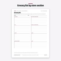 Printable grocery list page sorted by store section, with tick boxes