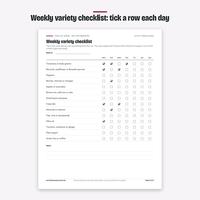 Weekly variety checklist with a row for each food group and a tick box for each day of the week