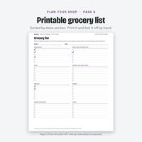 Printable grocery list on page 6, sorted by store section, with tick boxes and sample pen ticks
