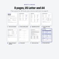 The 8 pages included in the high fiber food list PDF, US Letter and A4
