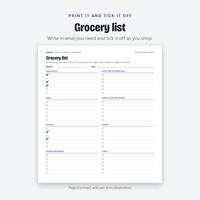 Printable grocery list page sorted by store section, with tick boxes and sample pen ticks