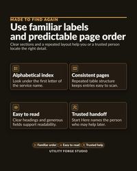 Familiar labels and predictable page order so information is easy to find again