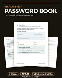 Password book for caregivers: The one book that remembers for you. Start Here page shown, 28 pages, 429 fillable fields, US Letter and A4 editions.