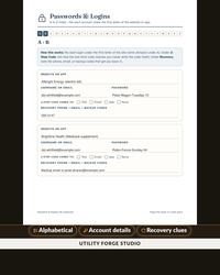 Password book for caregivers: Passwords and Logins pages with an A to Z index, each entry holding website, username, password, 2-step code method and recovery details. Shown with fictional sample entries.