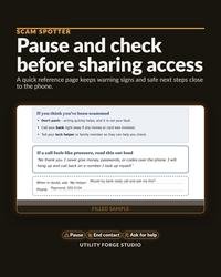 Scam Spotter page, guidance to pause and check before sharing access
