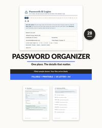Password Organizer hero with a large filled Passwords and Logins page at the top showing a website entry with sample login details, the headline Password Organizer, a banner reading "Filled sample shown. Your files arrive blank.", a Fillable and Printable, US Letter and A4 banner, a 28 pages badge, and Start Here and My Devices and PINs page thumbnails below.