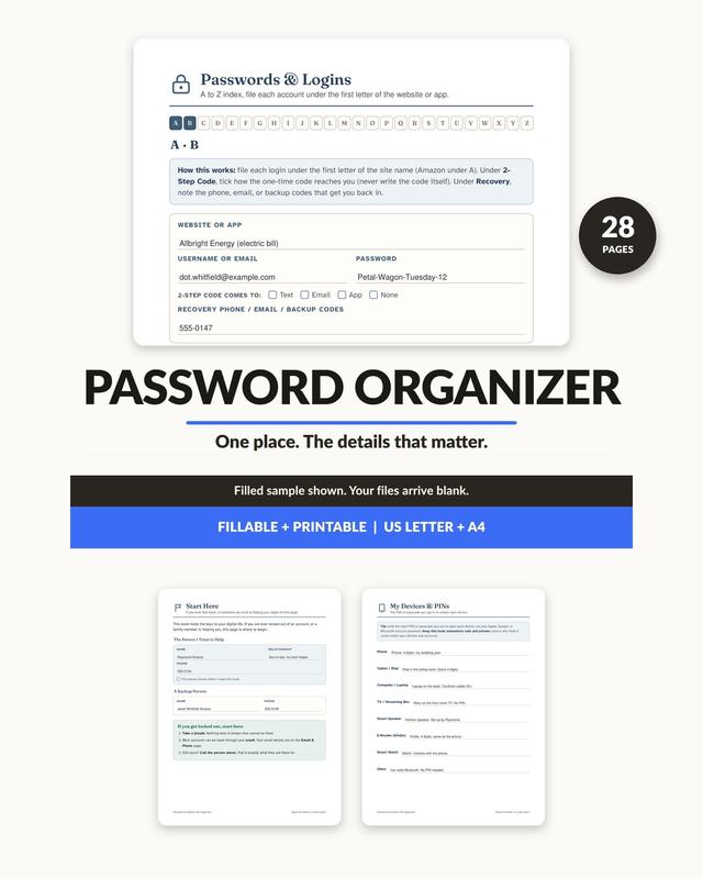 Password Organizer hero with a large filled Passwords and Logins page at the top showing a website entry with sample login details, the headline Password Organizer, a banner reading "Filled sample shown. Your files arrive blank.", a Fillable and Printable, US Letter and A4 banner, a 28 pages badge, and Start Here and My Devices and PINs page thumbnails below.