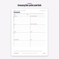 Printable grocery list page sorted by store section, with tick boxes and sample pen ticks