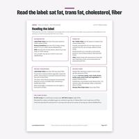 Reading the label page from the Low Cholesterol Food List, with boxes for saturated fat, trans fat, cholesterol and dietary fiber on a Nutrition Facts label